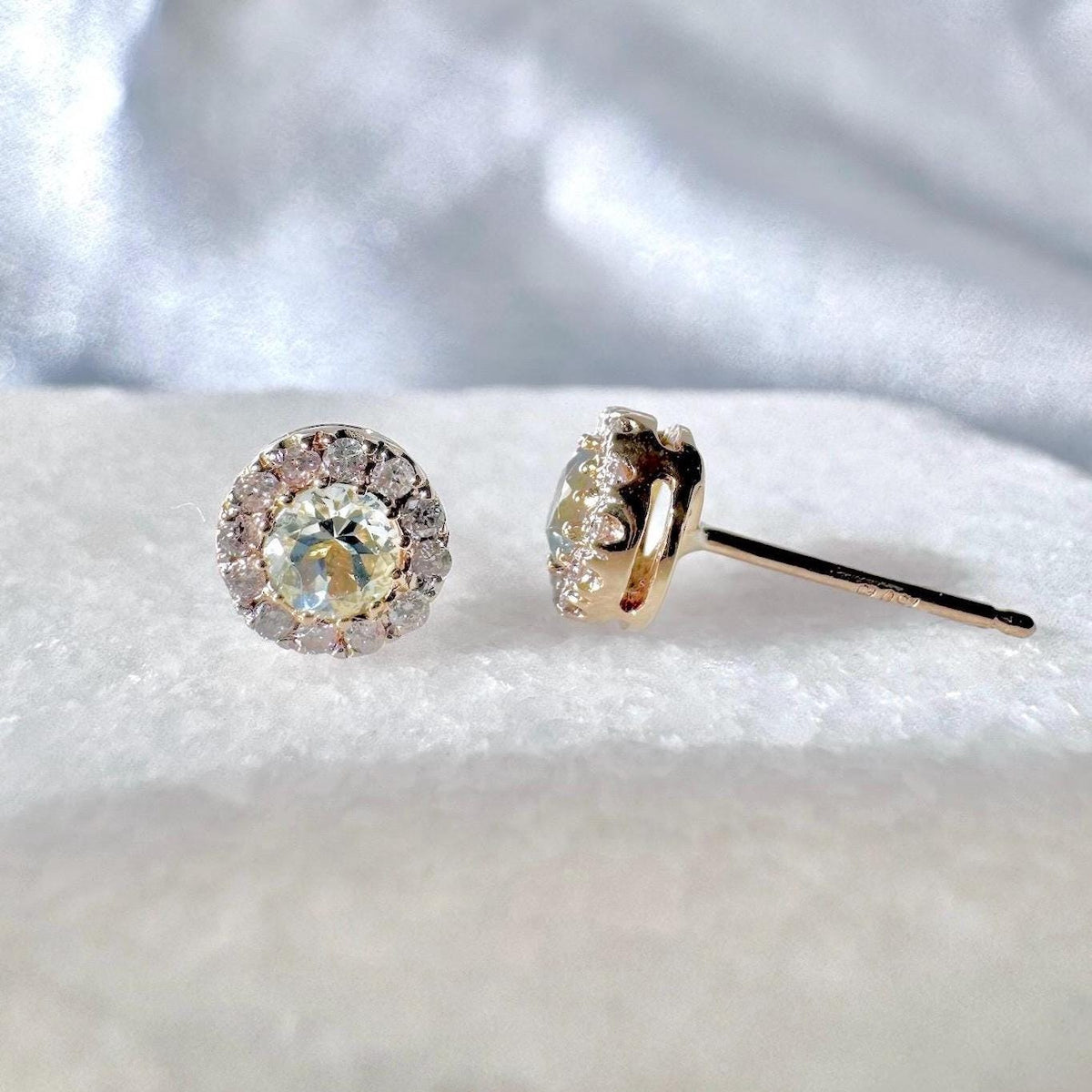Genuine Aquamarine and Diamond Halo Round Studs in 18k Solid Gold