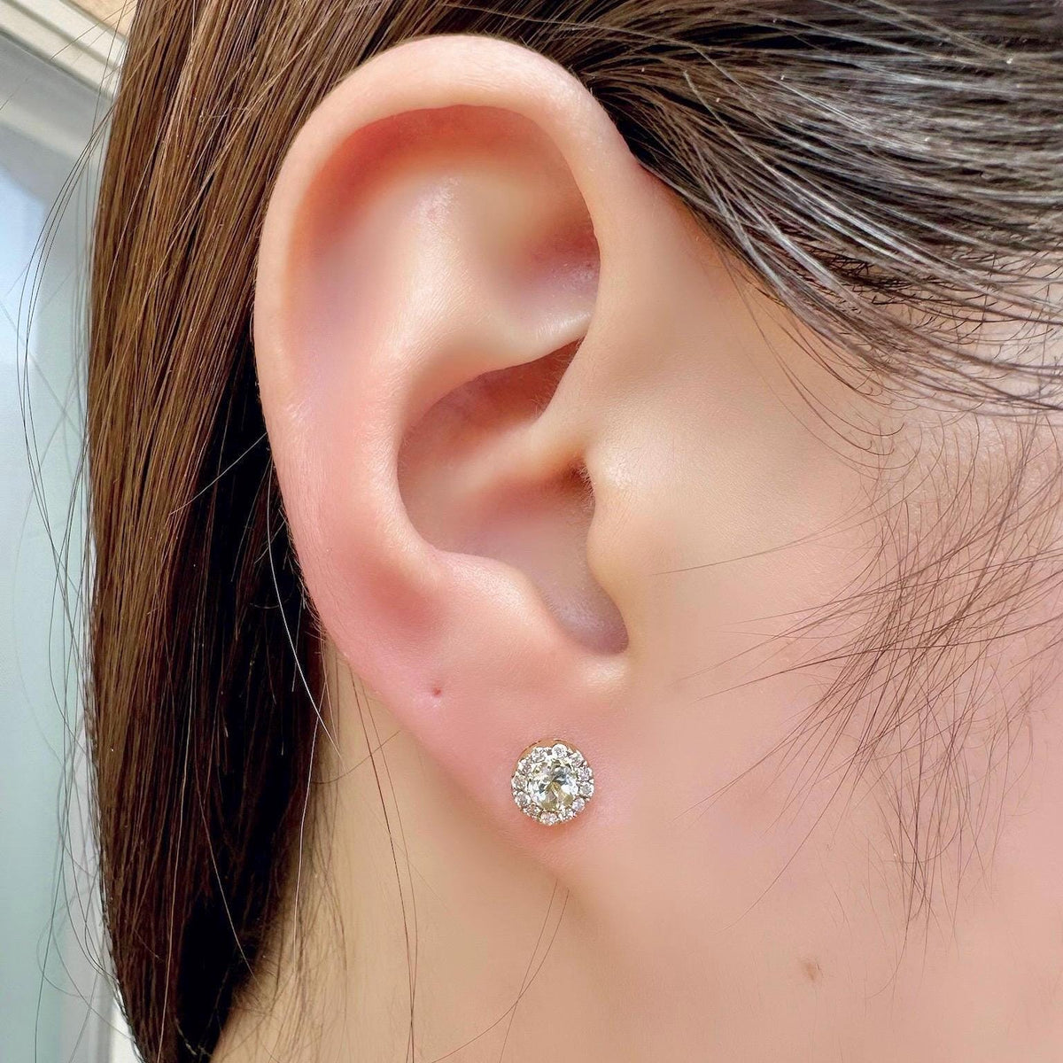 Genuine Aquamarine and Diamond Halo Round Studs in 18k Solid Gold