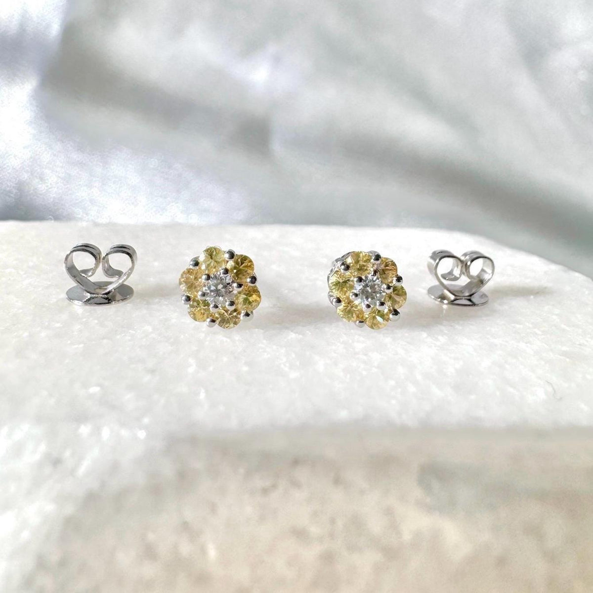 Genuine Yellow Sapphire Diamond Flower Stud Earrings, 18k or 14k Solid Gold, September Birthstone