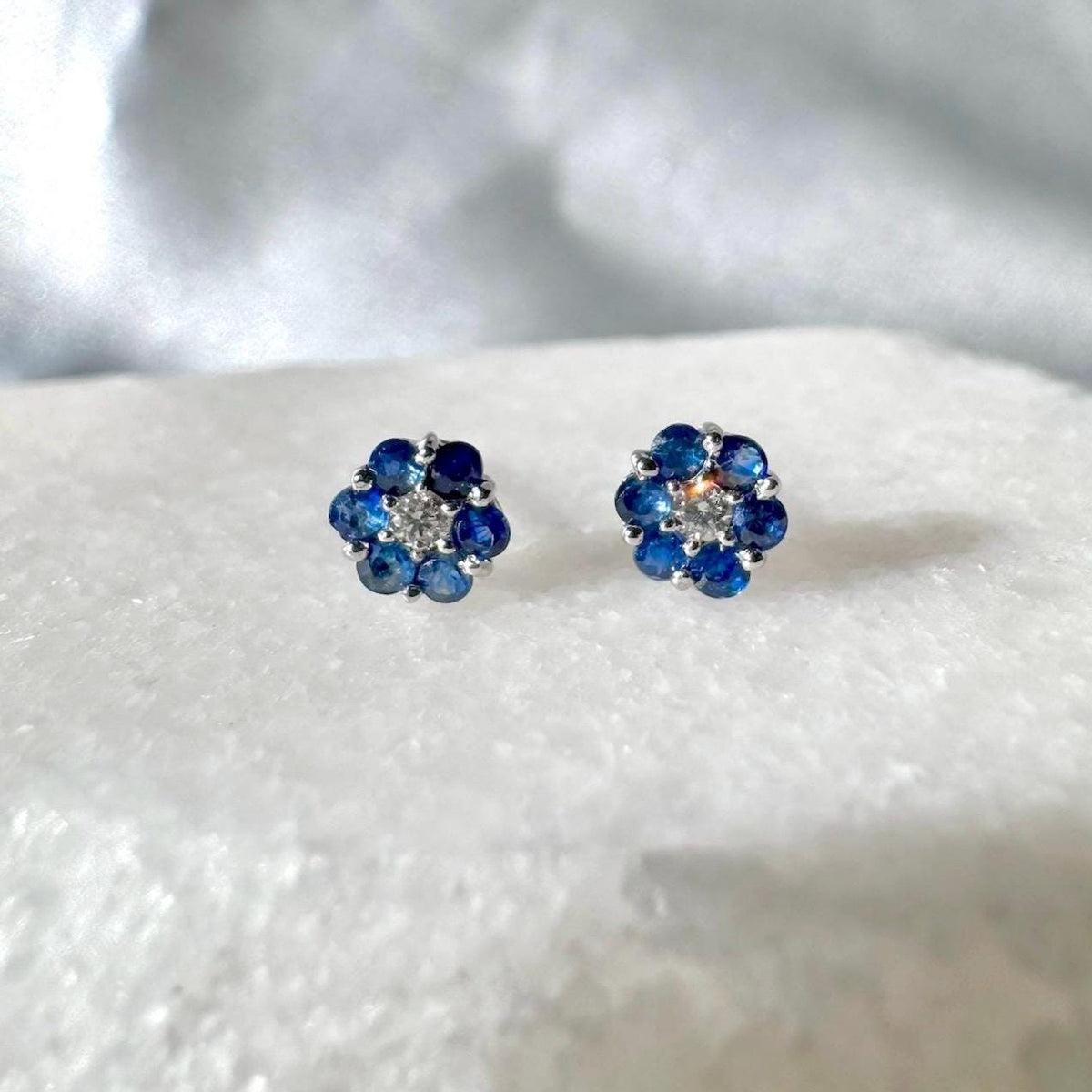 Genuine Sapphire and Diamond Flower Stud Earrings in 14k Solid Gold