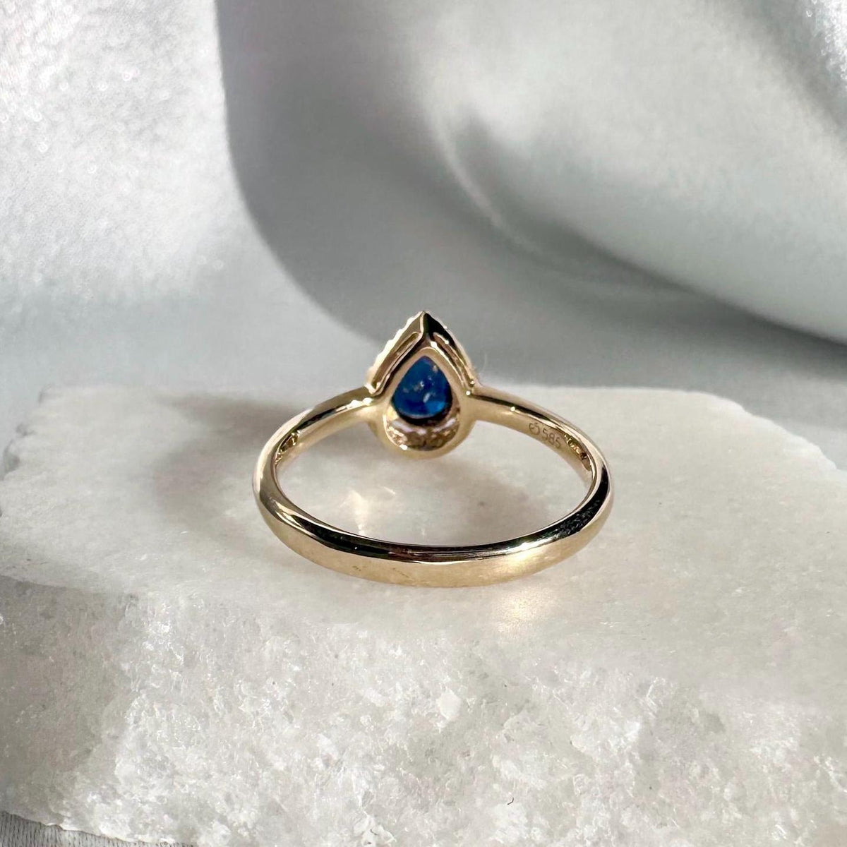 14k Solid Yellow Gold Sapphire Diamond Halo Ring, Pear Cut September Birthstone
