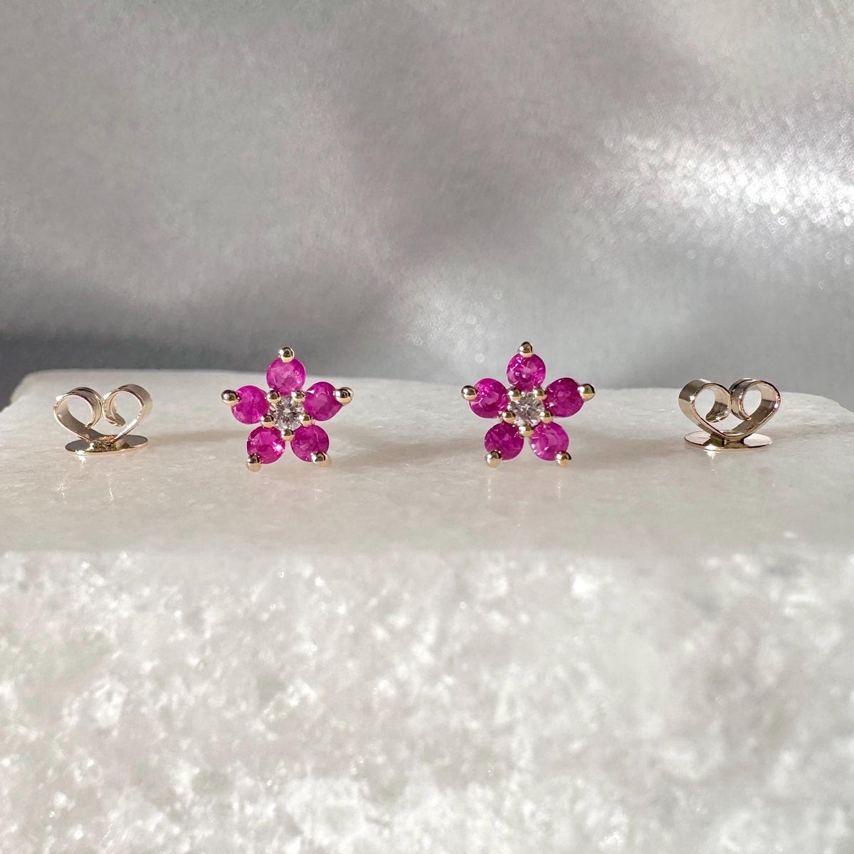 Genuine Ruby and Diamond Flower Stud Earrings in 14k Solid Gold