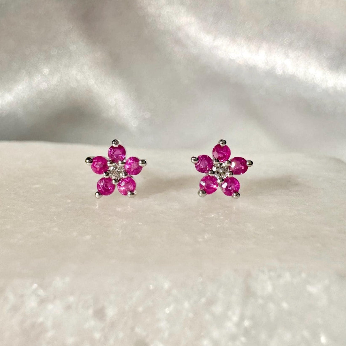 Genuine Ruby and Diamond Flower Stud Earrings in 14k Solid Gold