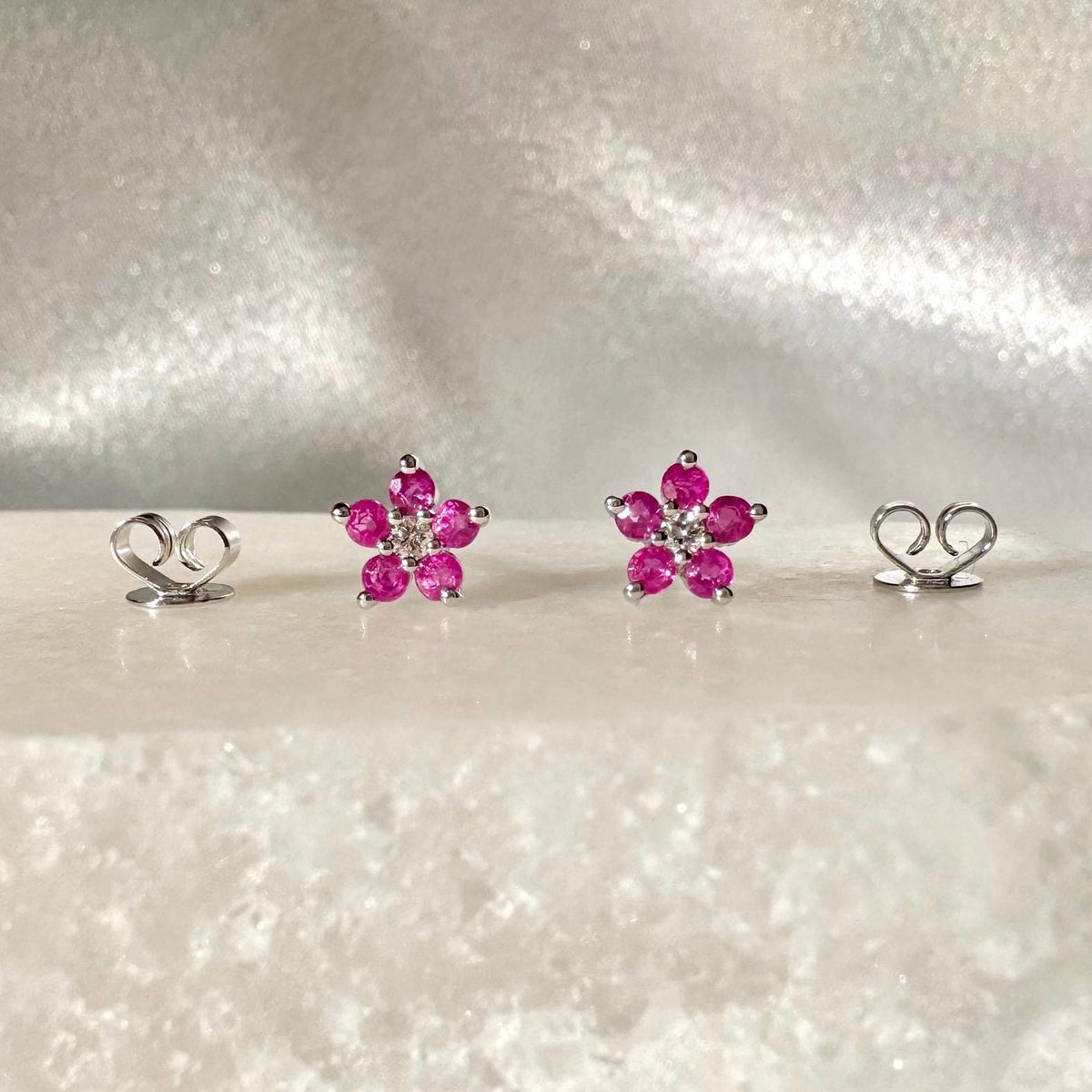 Genuine Ruby and Diamond Flower Stud Earrings in 14k Solid Gold