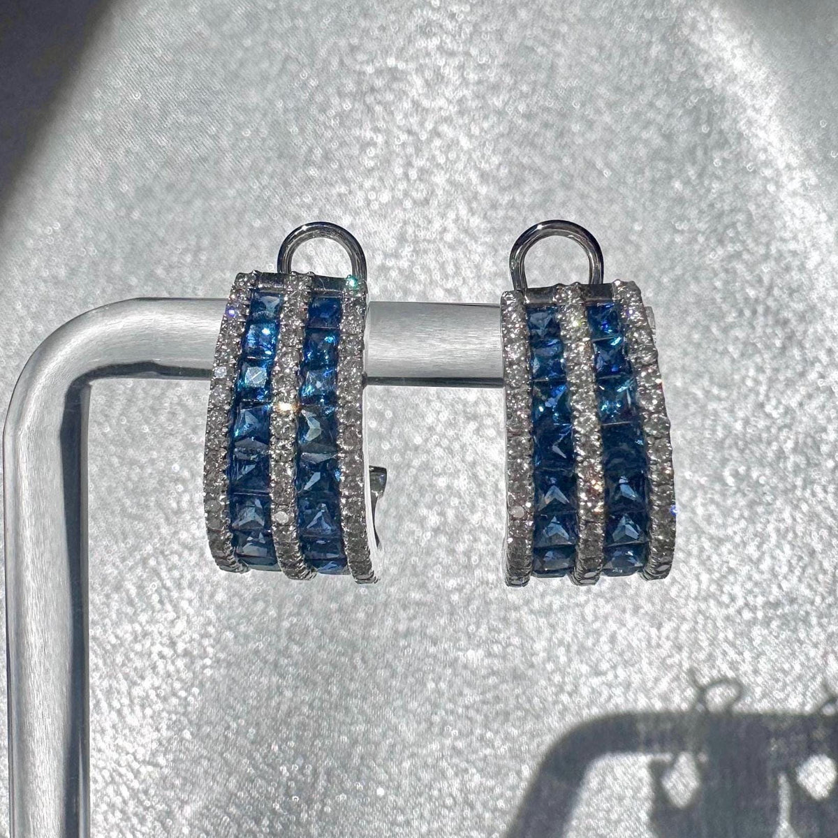 Genuine Large Sapphire and Diamond Semidome Earrings / 14k Solid White Gold