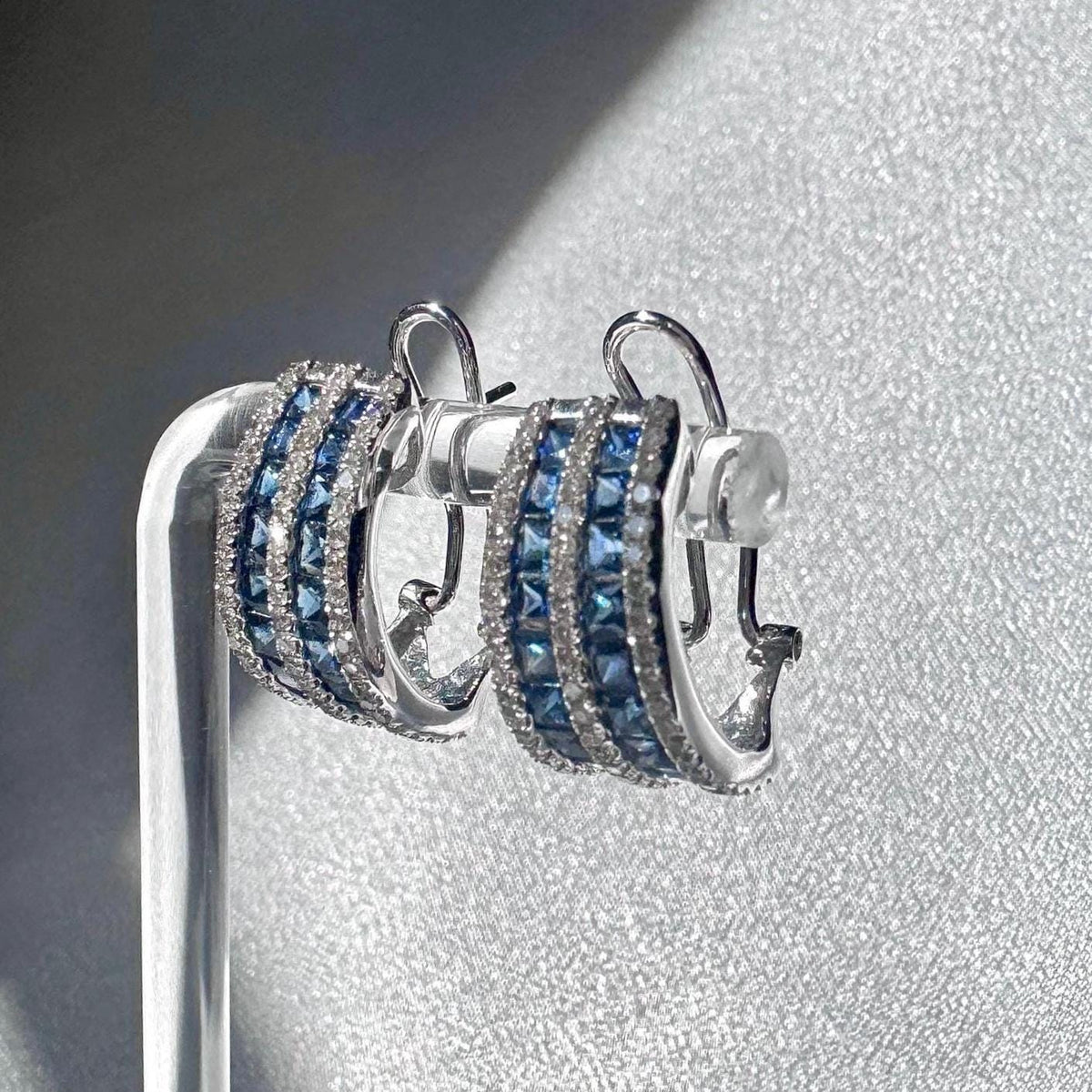 Genuine Large Sapphire and Diamond Semidome Earrings / 14k Solid White Gold