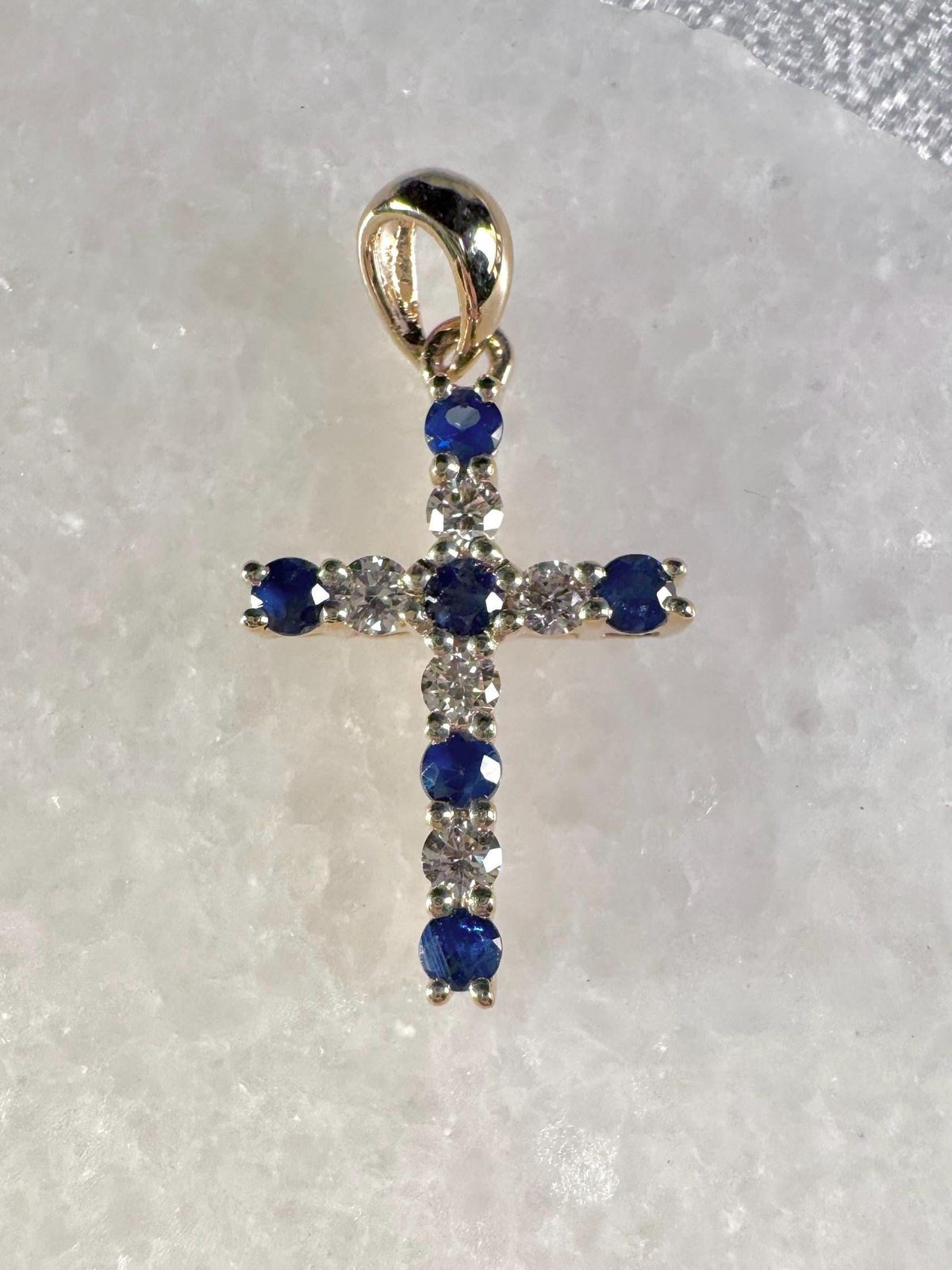 14k White Gold Sapphire Diamond Cross Pendant, September Birthstone Jewelry
