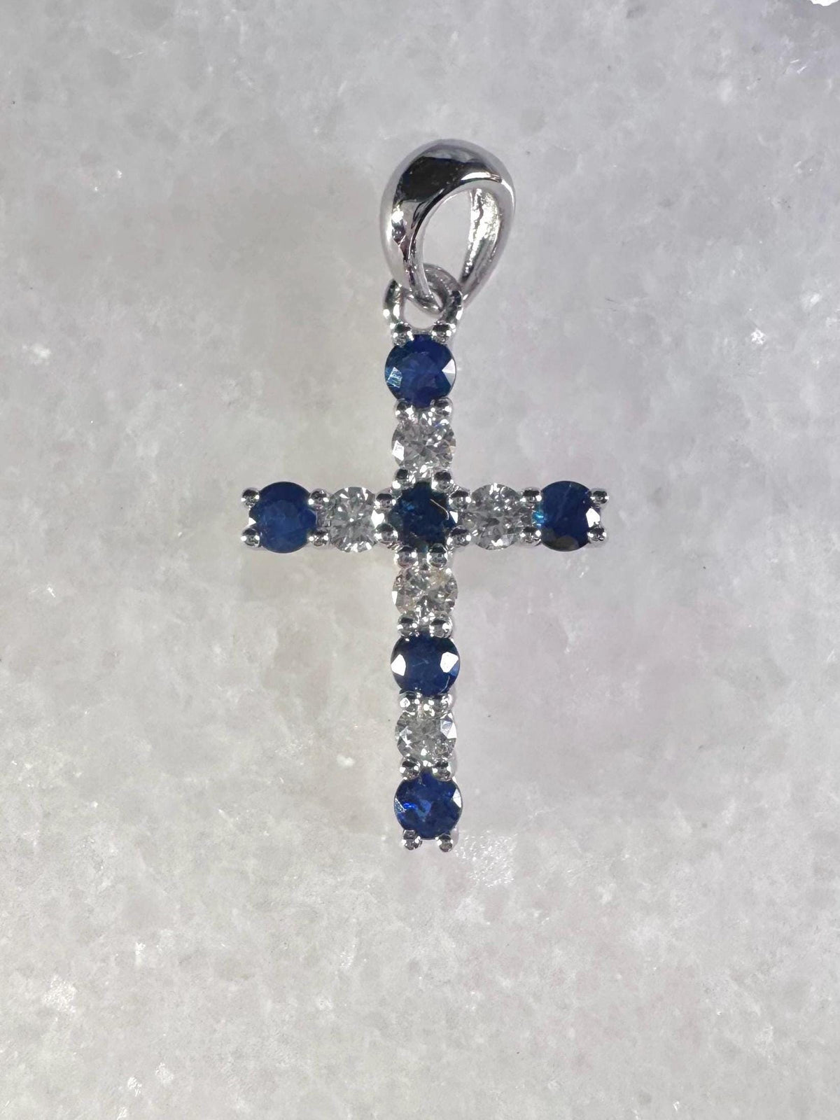 14k White Gold Sapphire Diamond Cross Pendant, September Birthstone Jewelry