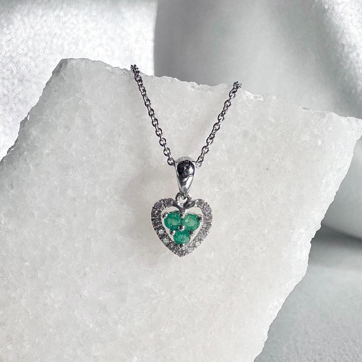 Genuine Emerald and Diamond Heart Halo Pendant, 14k Solid Gold, May Birthstone, Gift for Her
