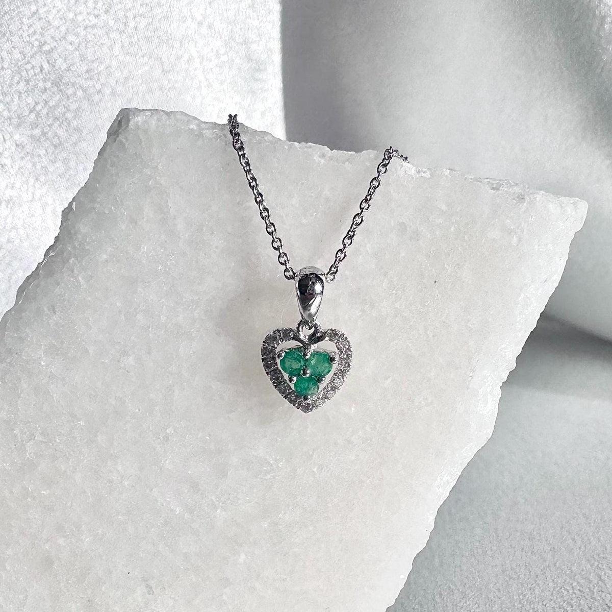 Genuine Emerald and Diamond Heart Halo Pendant, 14k Solid Gold, May Birthstone, Gift for Her