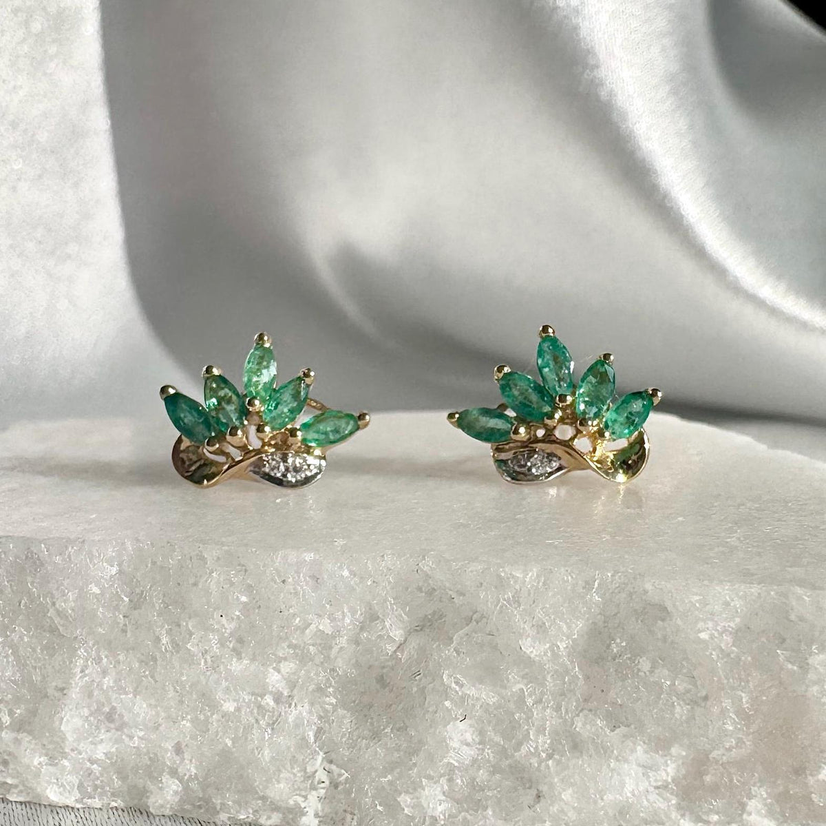 Genuine Emerald and Diamond Marquise Lotus Stud Earrings, 14k Solid Gold, May Birthstone Gift