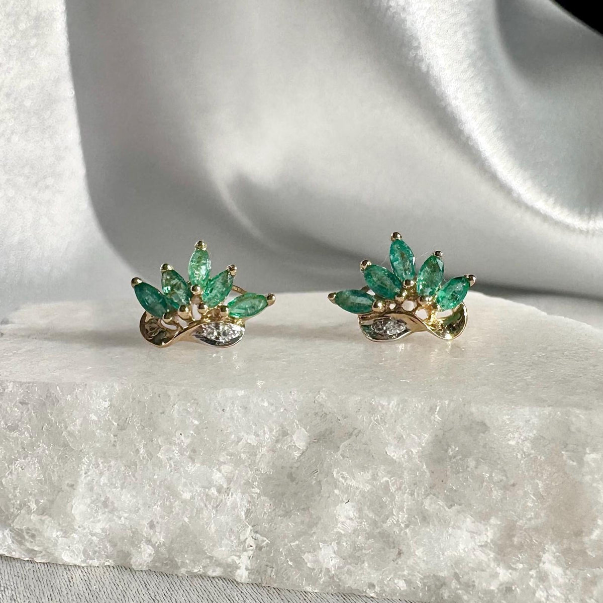 Genuine Emerald and Diamond Marquise Lotus Stud Earrings, 14k Solid Gold, May Birthstone Gift