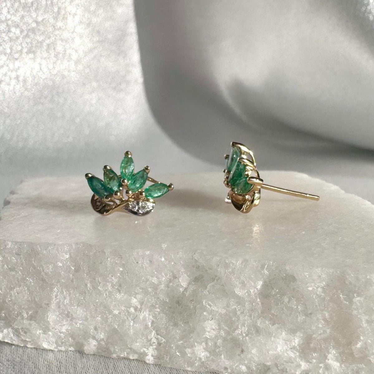 Genuine Emerald and Diamond Marquise Lotus Stud Earrings, 14k Solid Gold, May Birthstone Gift