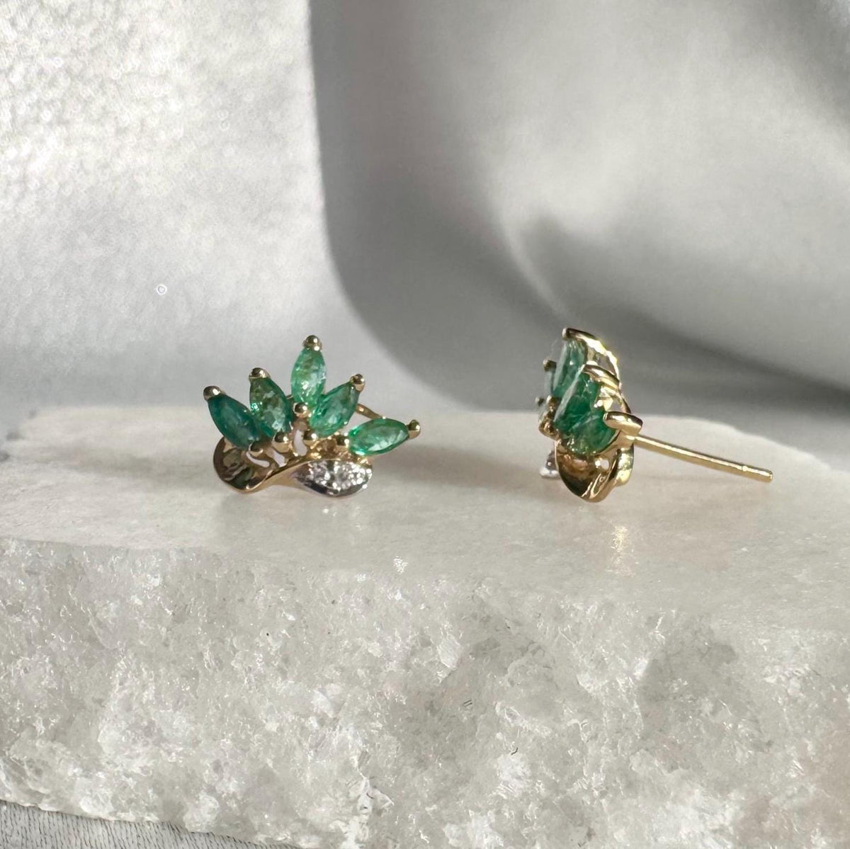 Genuine Emerald and Diamond Marquise Lotus Stud Earrings, 14k Solid Gold, May Birthstone Gift