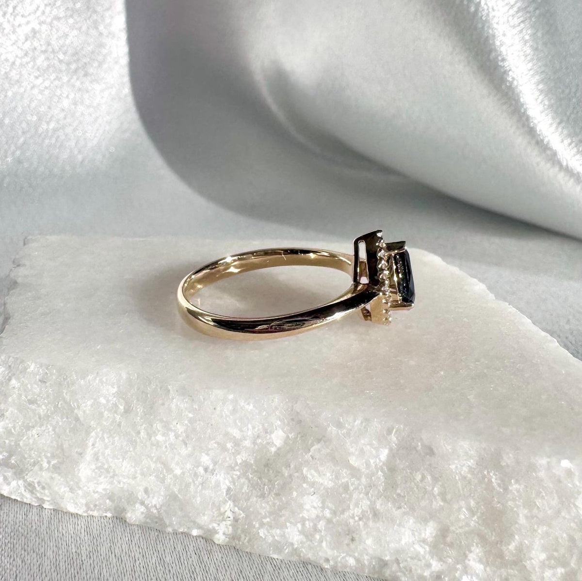 14k Solid Yellow Gold Sapphire Diamond Halo Ring, Pear Cut September Birthstone