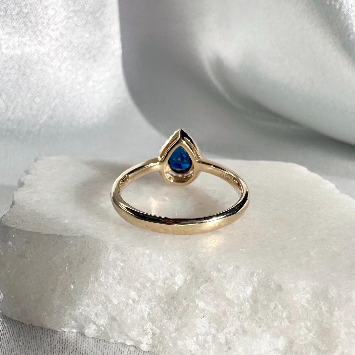 14k Solid Yellow Gold Sapphire Diamond Halo Ring, Pear Cut September Birthstone