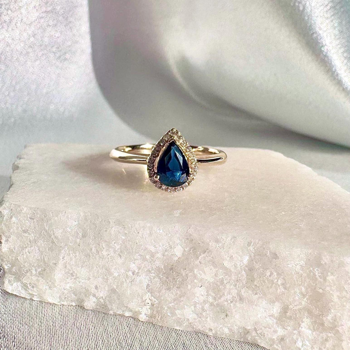14k Solid Yellow Gold Sapphire Diamond Halo Ring, Pear Cut September Birthstone