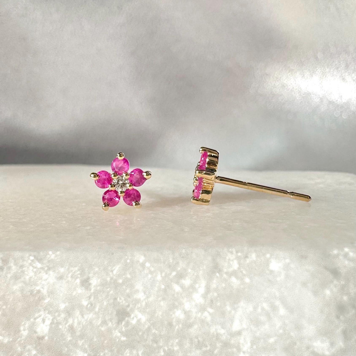 Genuine Ruby and Diamond Flower Stud Earrings in 14k Solid Gold