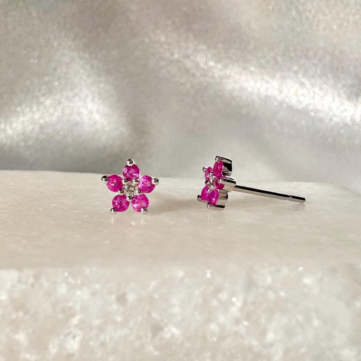 Genuine Ruby and Diamond Flower Stud Earrings in 14k Solid Gold