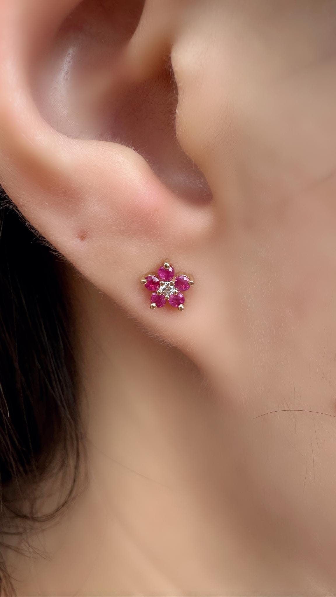 Genuine Ruby and Diamond Flower Stud Earrings in 14k Solid Gold