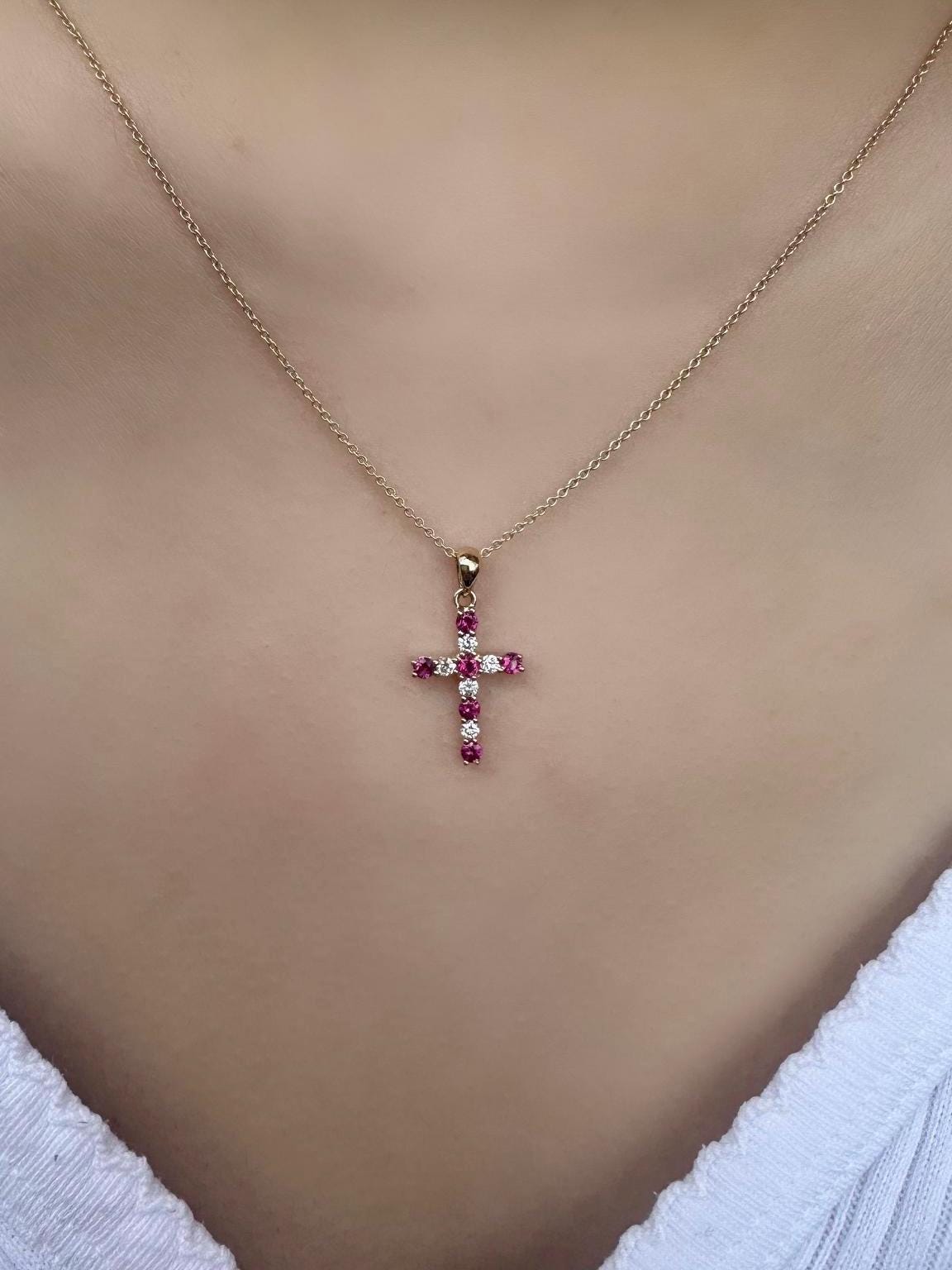 Genuine Ruby and Diamond Cross Pendant | 14k Solid Gold