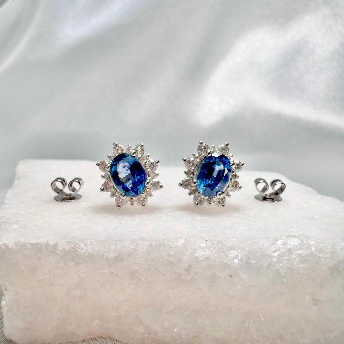 Natural Sapphire Diamond Flower Earrings, 14k White Gold, September Birthstone Bridal Studs