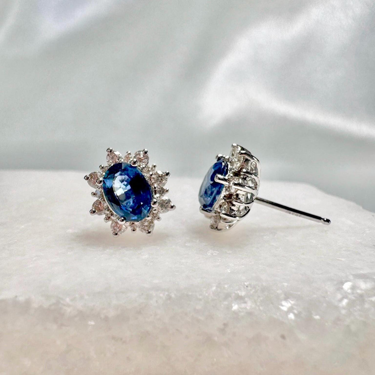 Natural Sapphire Diamond Flower Earrings, 14k White Gold, September Birthstone Bridal Studs
