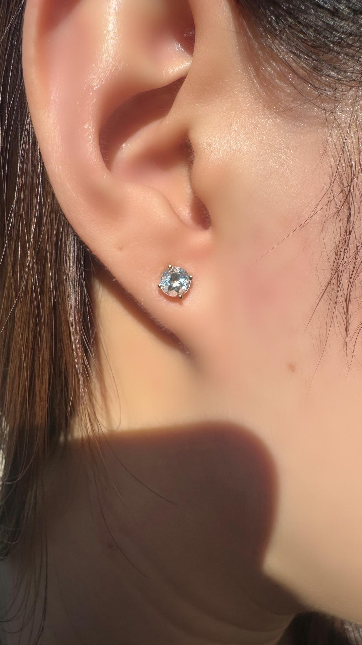 Genuine Aquamarine Round Cut Solitaire Stud Earrings, 4.8mm, 14k Solid Gold, March Birthstone