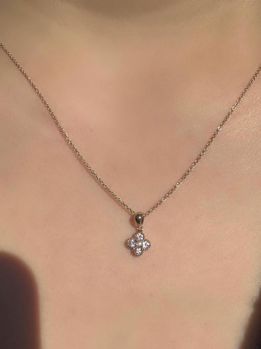 14k Solid Gold Pink Sapphire Diamond Clover Pendant, Mini, September Birthstone Jewelry