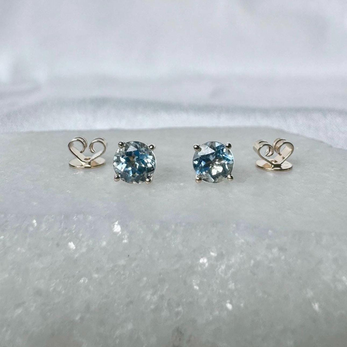 Genuine Aquamarine Round Cut Solitaire Stud Earrings, 4.8mm, 14k Solid Gold, March Birthstone