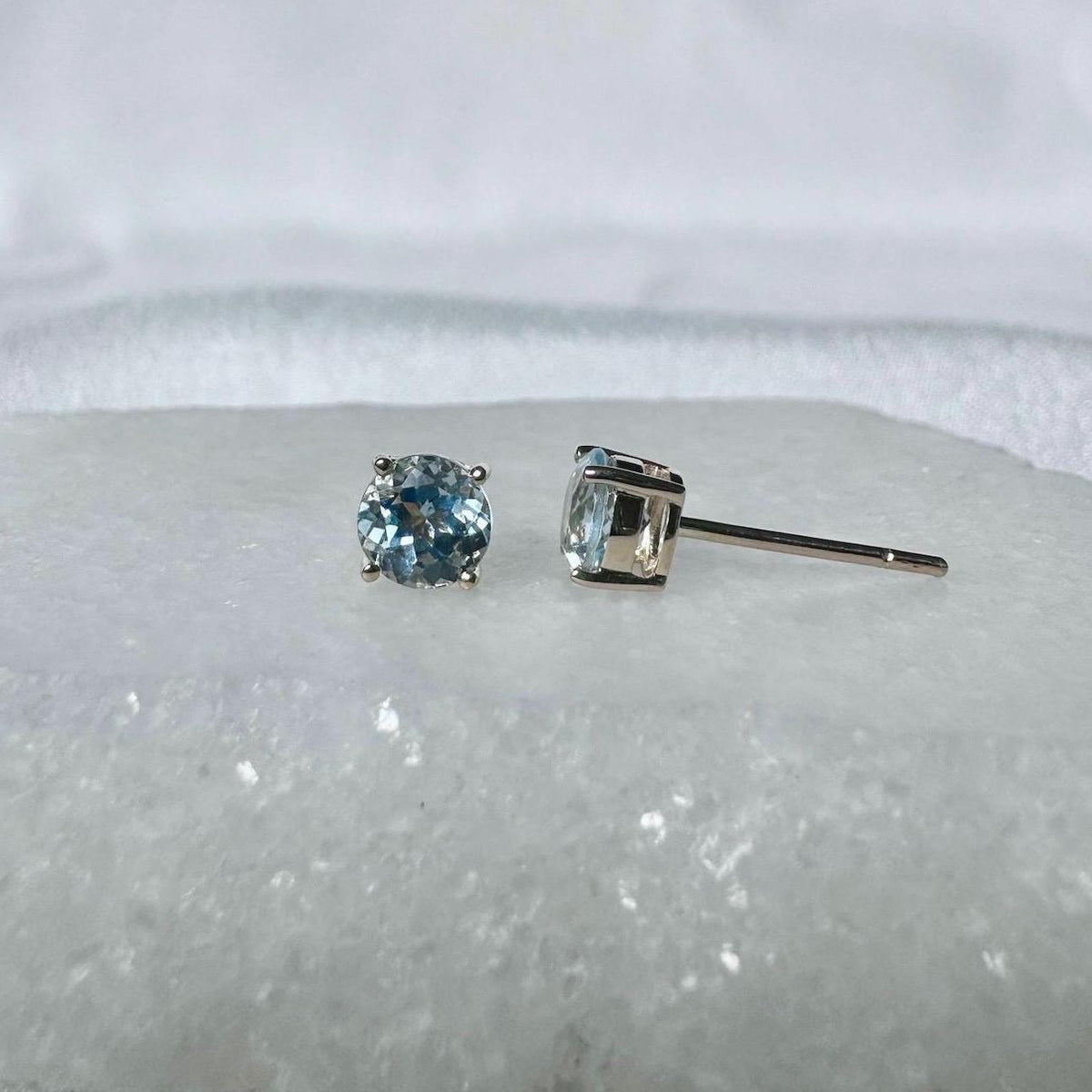 Genuine Aquamarine Round Cut Solitaire Stud Earrings, 4.8mm, 14k Solid Gold, March Birthstone
