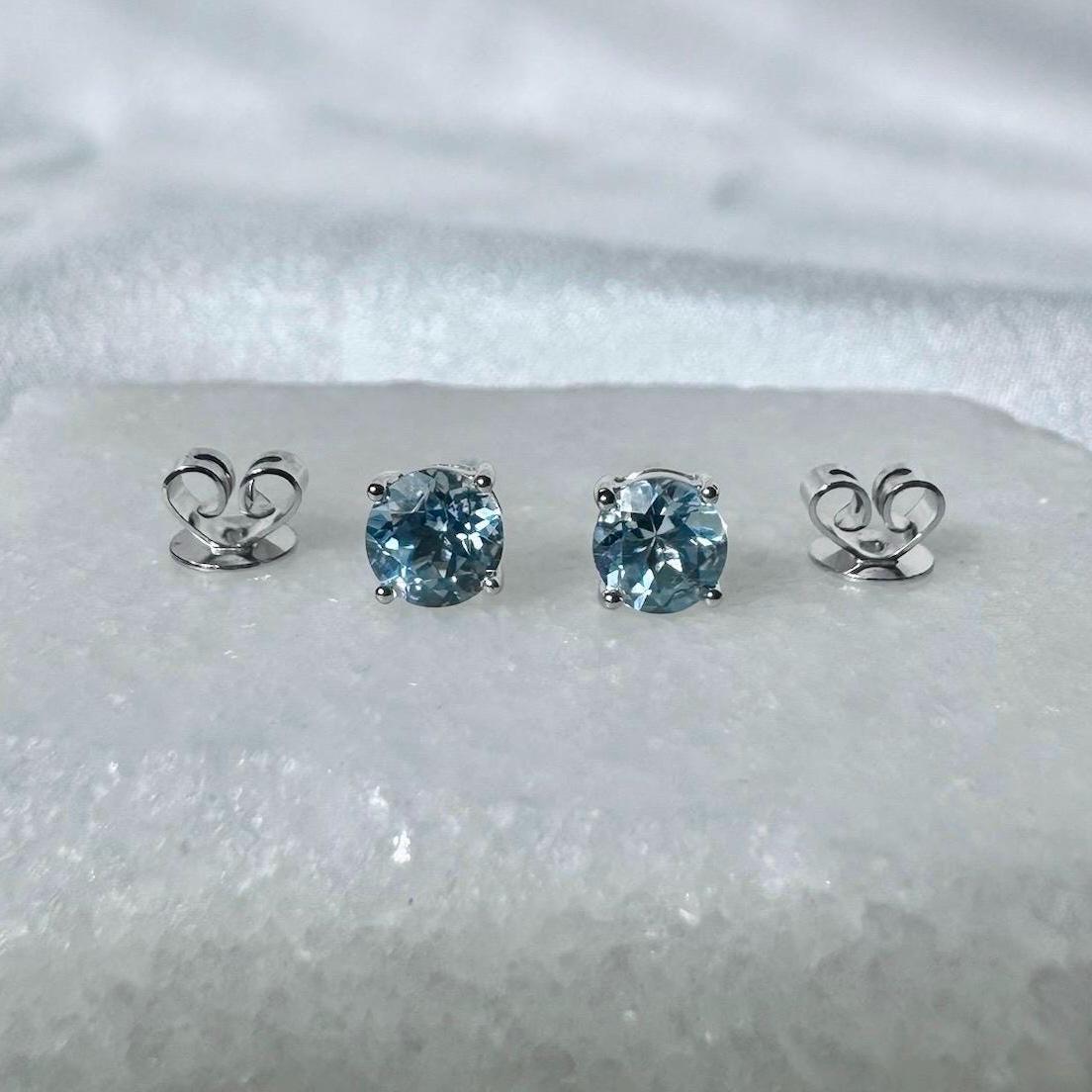 Genuine Aquamarine Round Cut Solitaire Stud Earrings, 4.8mm, 14k Solid Gold, March Birthstone