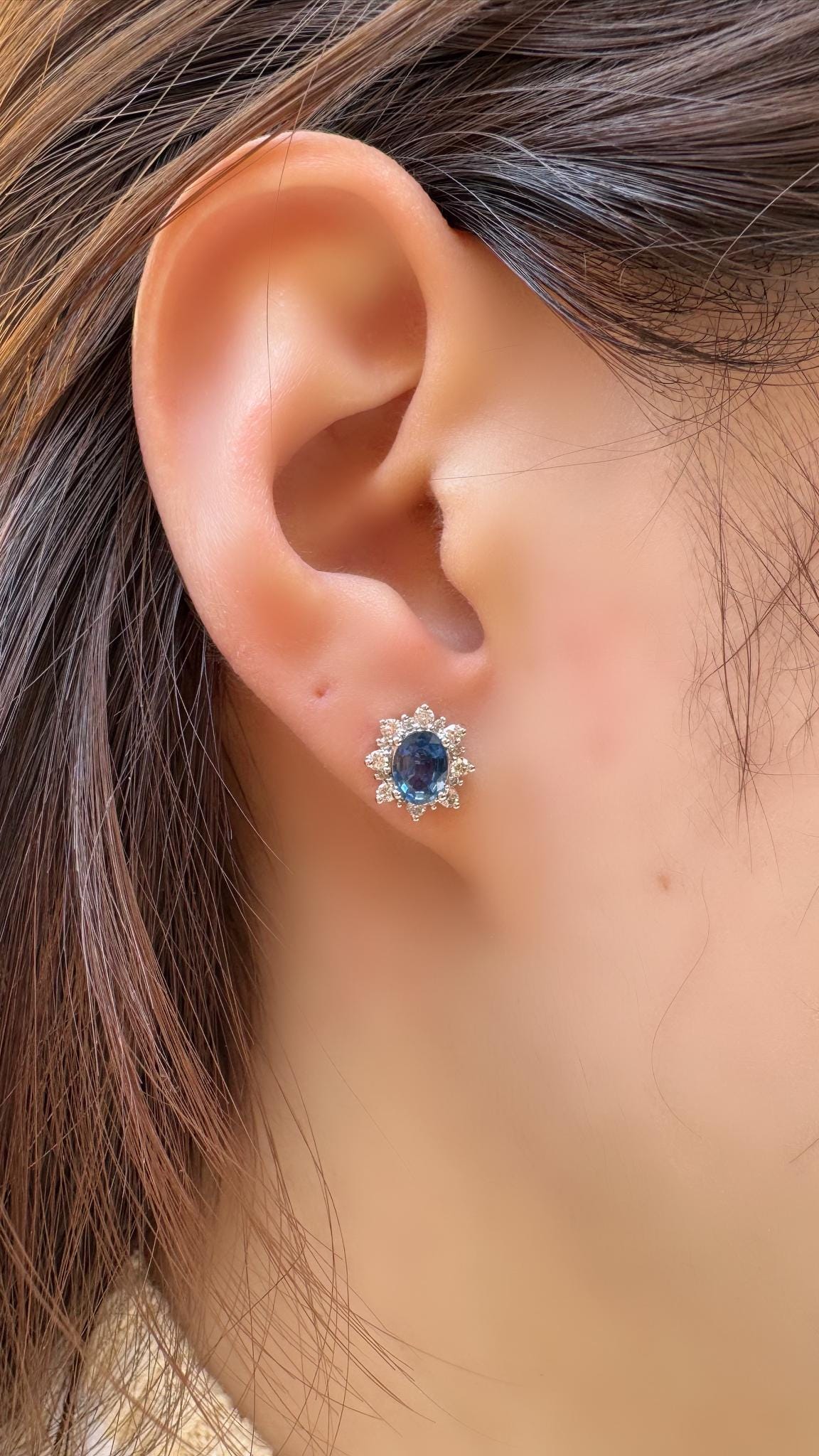 Natural Sapphire Diamond Flower Earrings, 14k White Gold, September Birthstone Bridal Studs