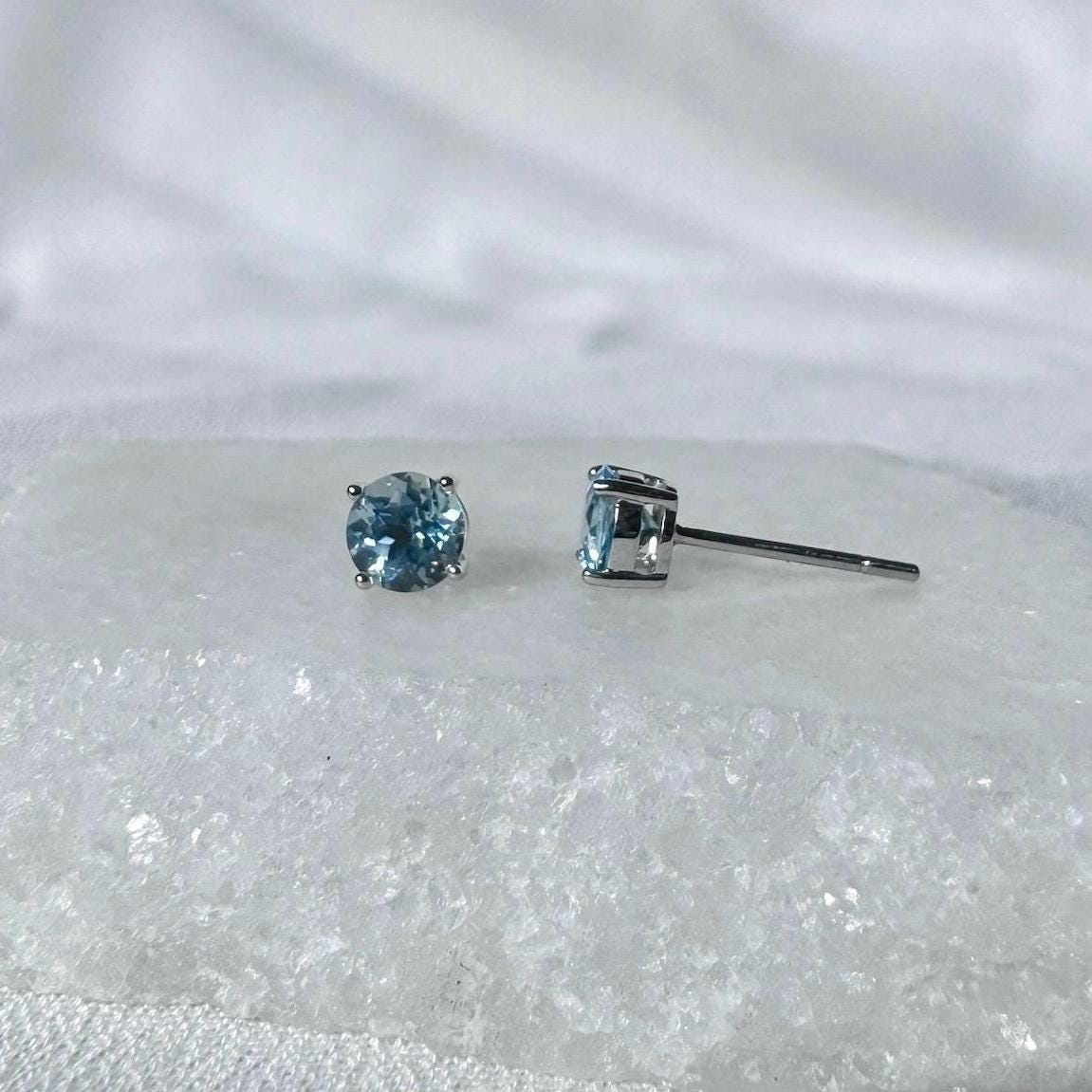 Genuine Aquamarine Round Cut Solitaire Stud Earrings, 4.8mm, 14k Solid Gold, March Birthstone