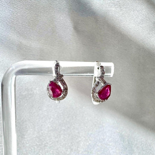 Genuine Ruby and Diamond Teardrop Hoops / 14k White Gold