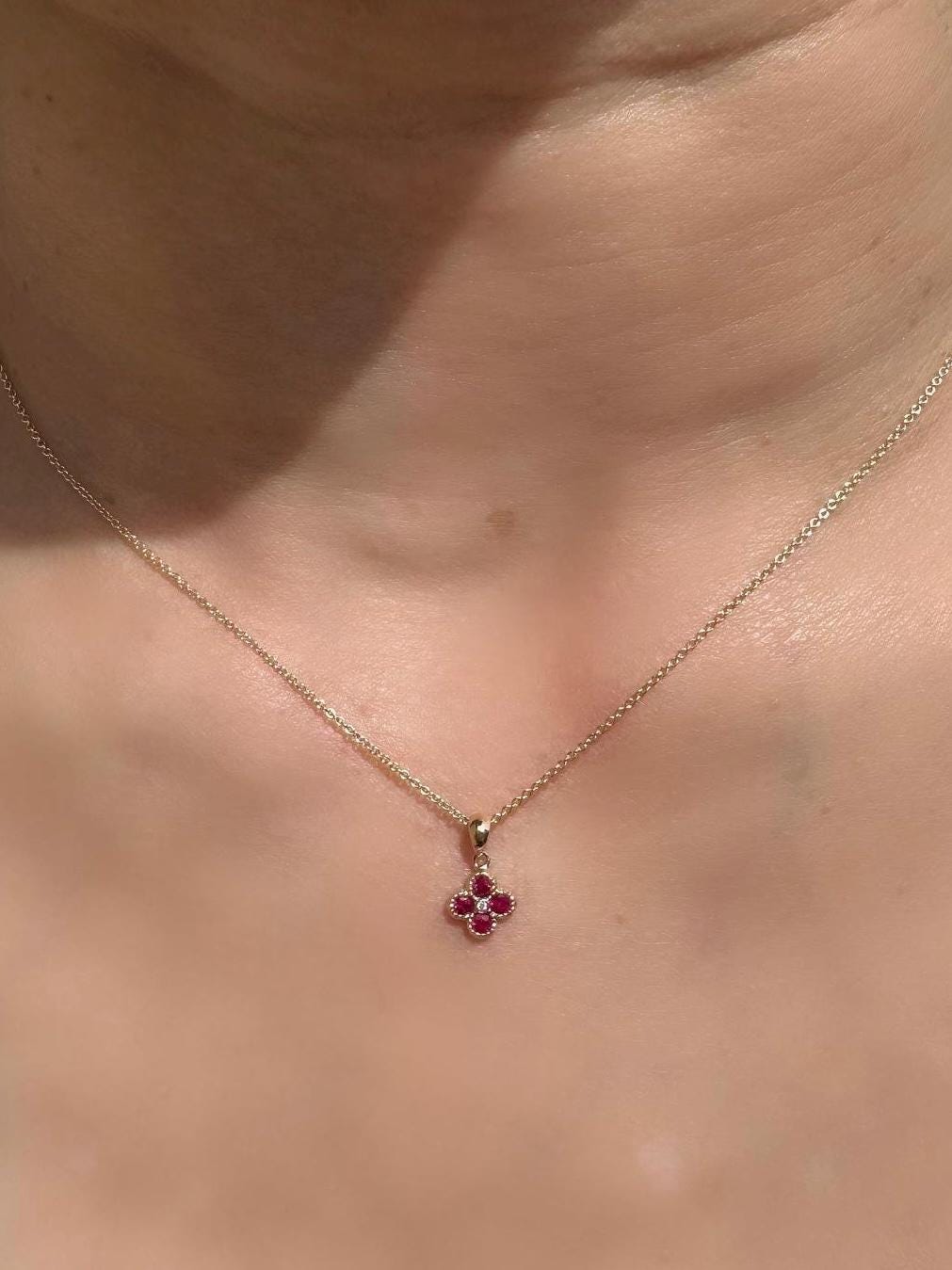 Genuine Ruby Diamond Mini Clover Pendant, 14k Solid Gold, July Birthstone
