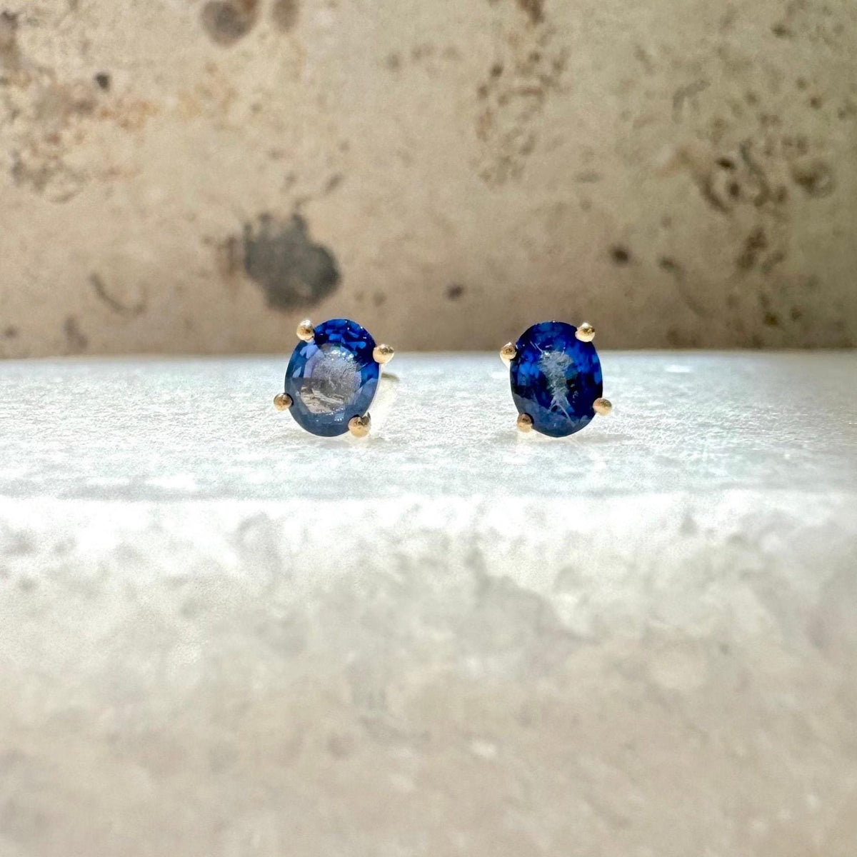 Genuine Sapphire Oval Cut Stud Earrings / 14K Solid Gold