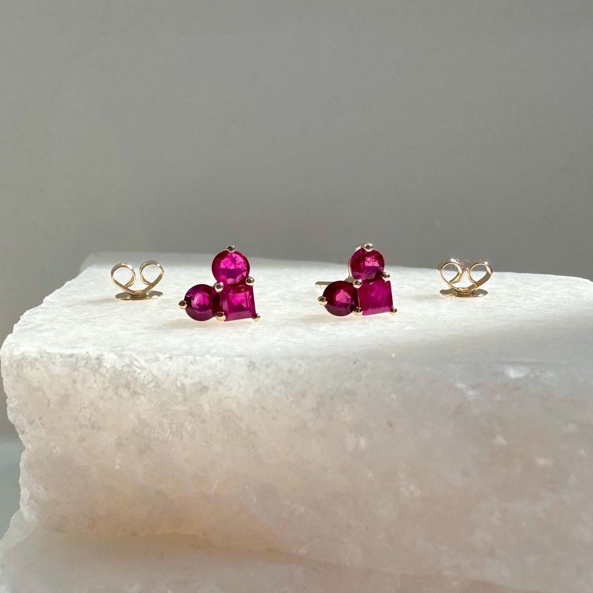 Genuine Ruby Round Cut Heart Earrings in 14k Solid Gold