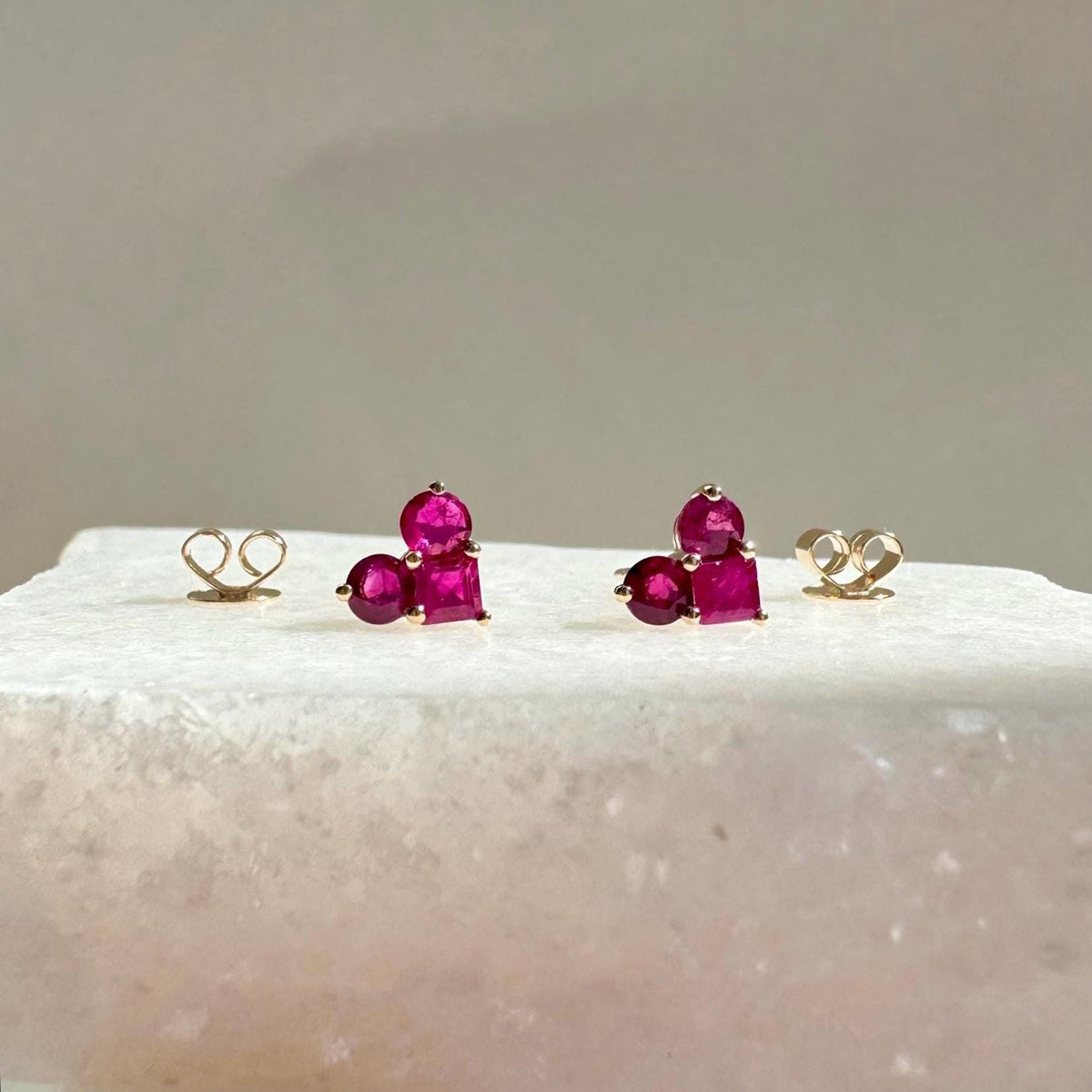 Genuine Ruby Round Cut Heart Earrings in 14k Solid Gold