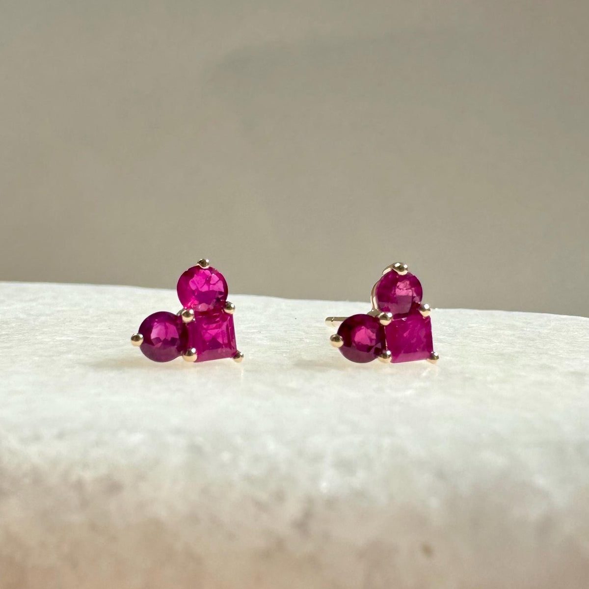 Genuine Ruby Round Cut Heart Earrings in 14k Solid Gold