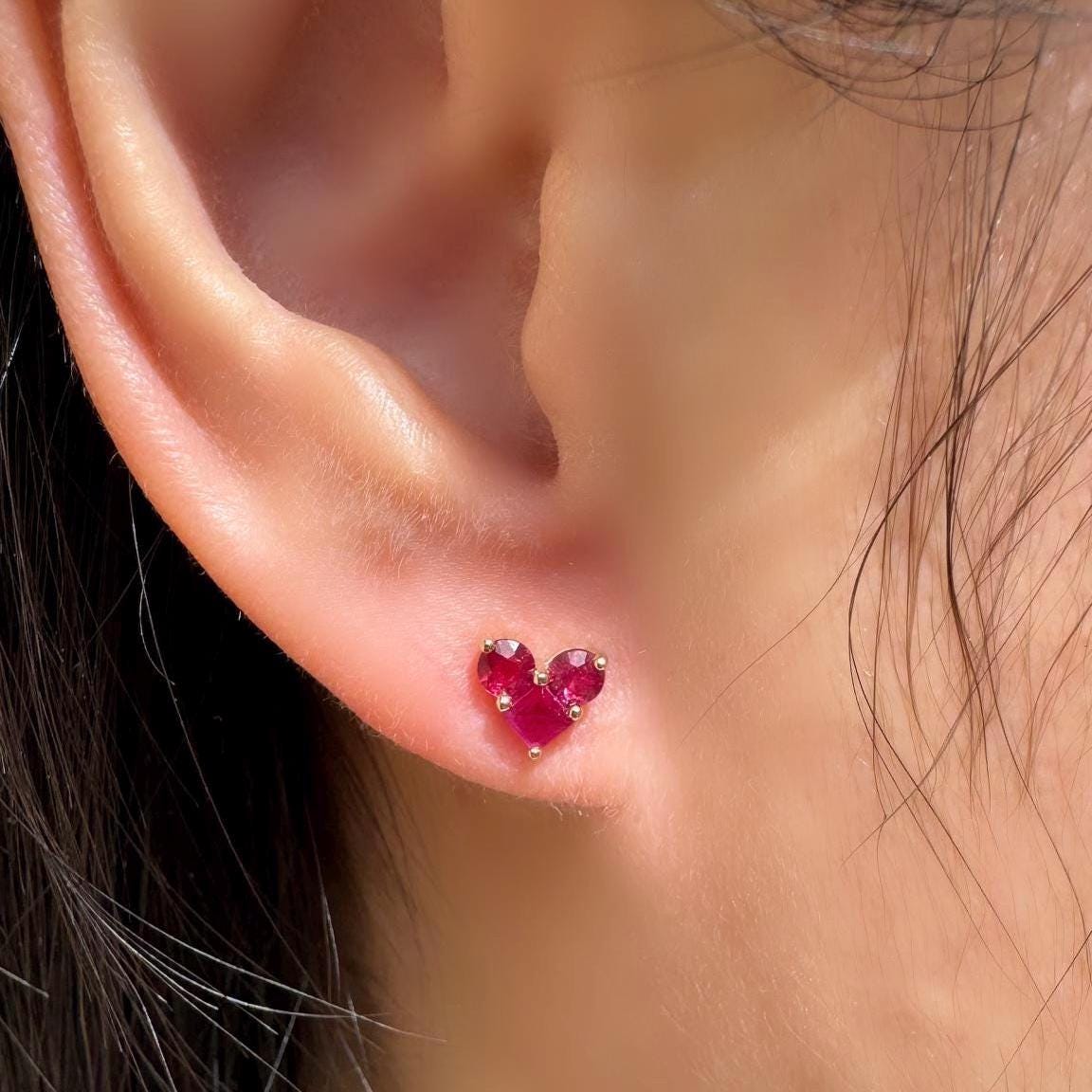 Genuine Ruby Round Cut Heart Earrings in 14k Solid Gold