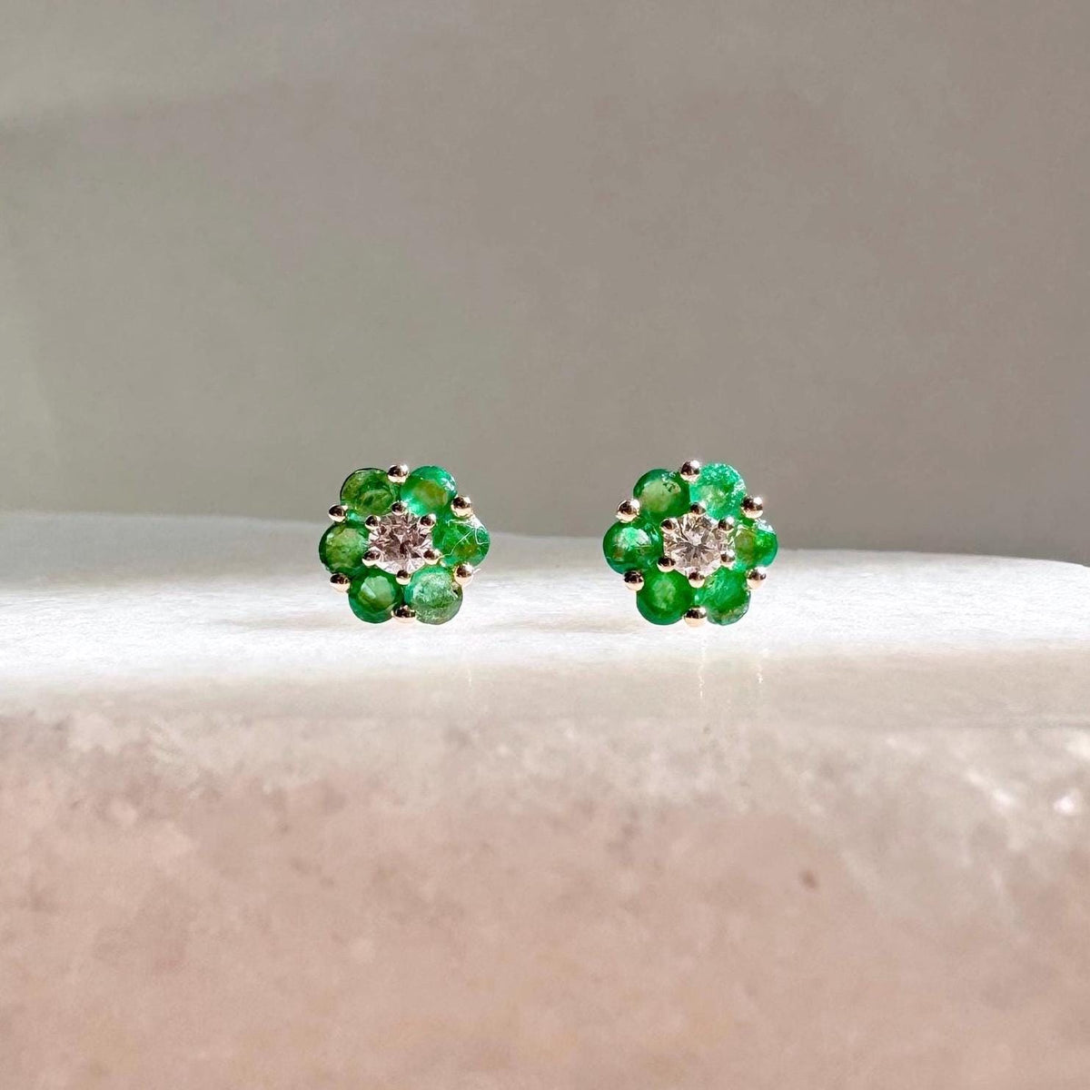 Natural Emerald Flower Stud Earrings, 6.5mm, 14k Solid Gold, May Birthstone Flower Jewelry