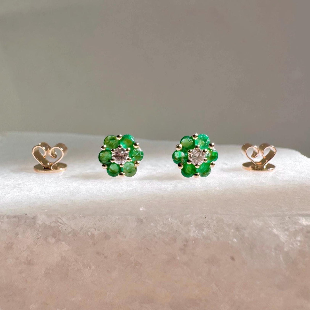 Natural Emerald Flower Stud Earrings, 6.5mm, 14k Solid Gold, May Birthstone Flower Jewelry