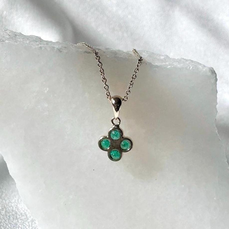 14k Solid Gold Emerald Diamond Clover Pendant, Mini, May Birthstone Jewelry