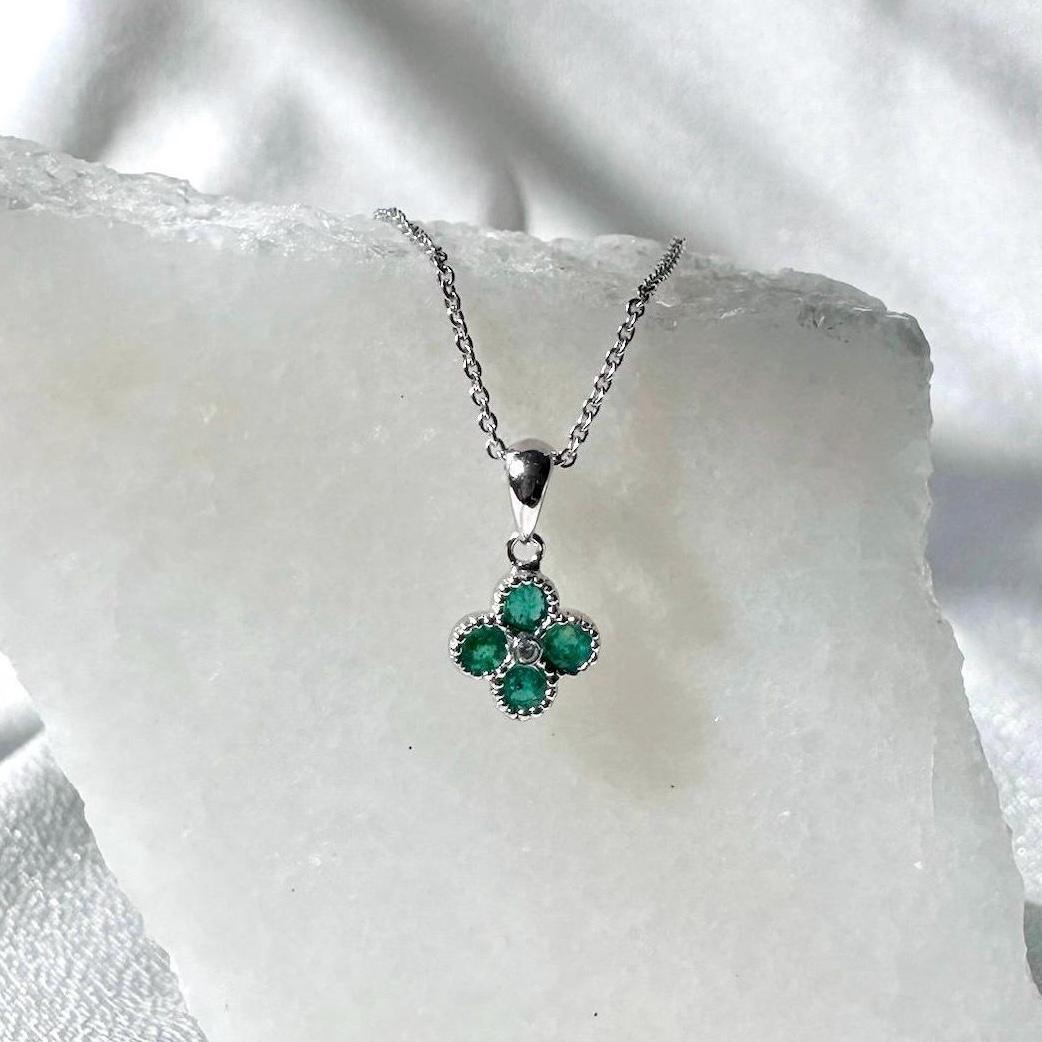14k Solid Gold Emerald Diamond Clover Pendant, Mini, May Birthstone Jewelry