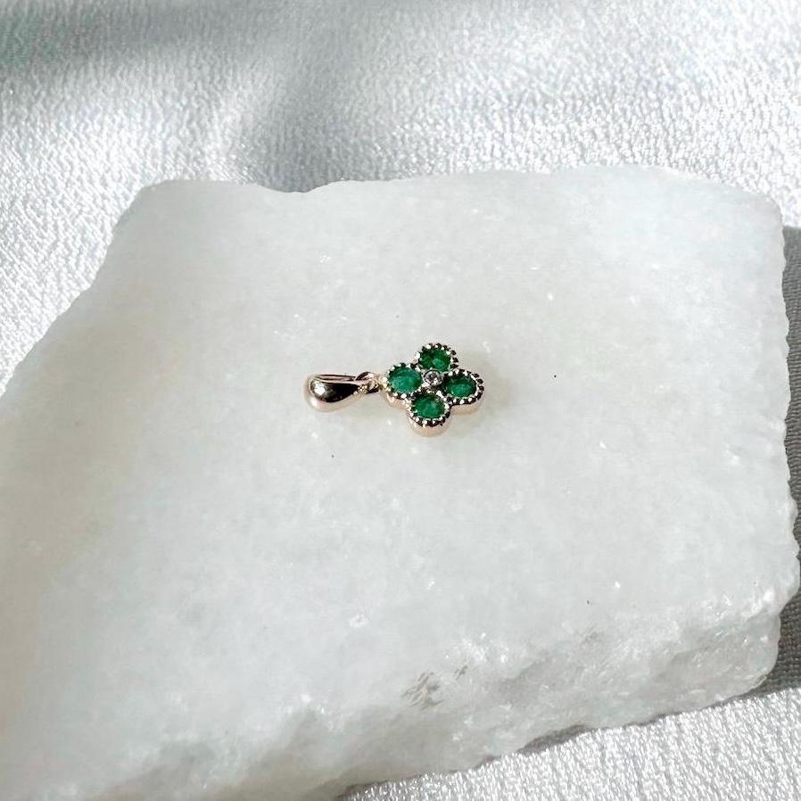 14k Solid Gold Emerald Diamond Clover Pendant, Mini, May Birthstone Jewelry