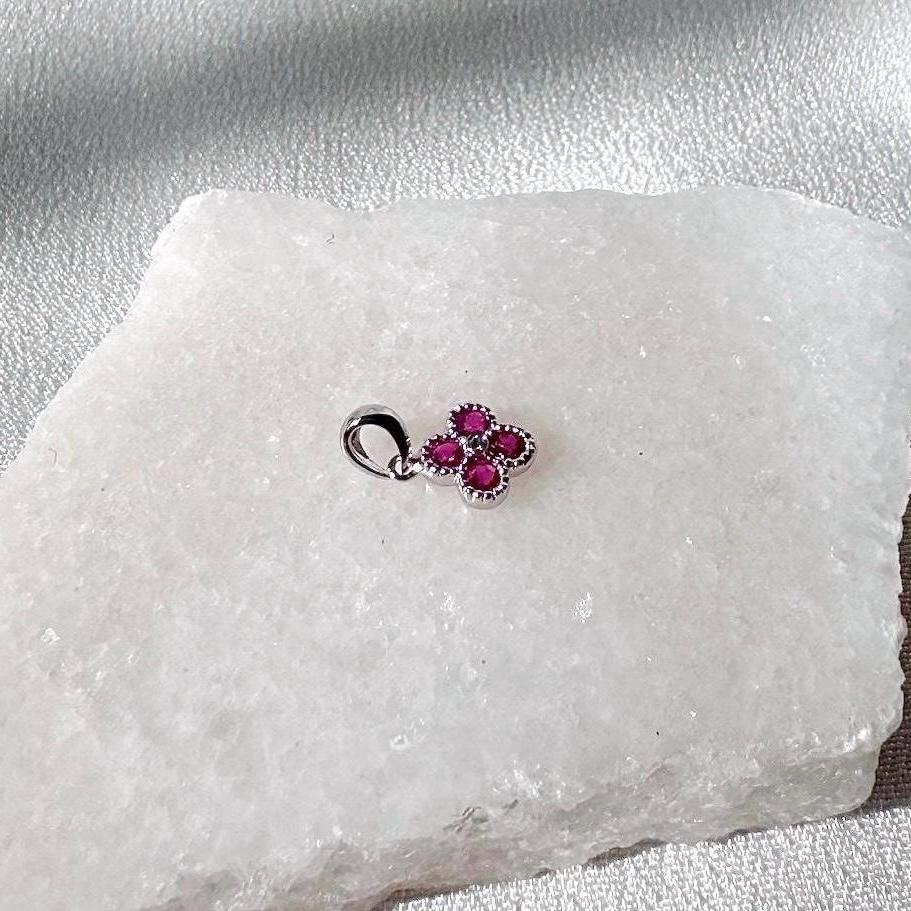 Genuine Ruby Diamond Mini Clover Pendant, 14k Solid Gold, July Birthstone