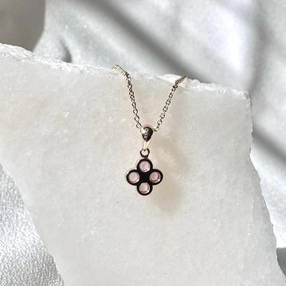 14k Solid Gold Pink Sapphire Diamond Clover Pendant, Mini, September Birthstone Jewelry