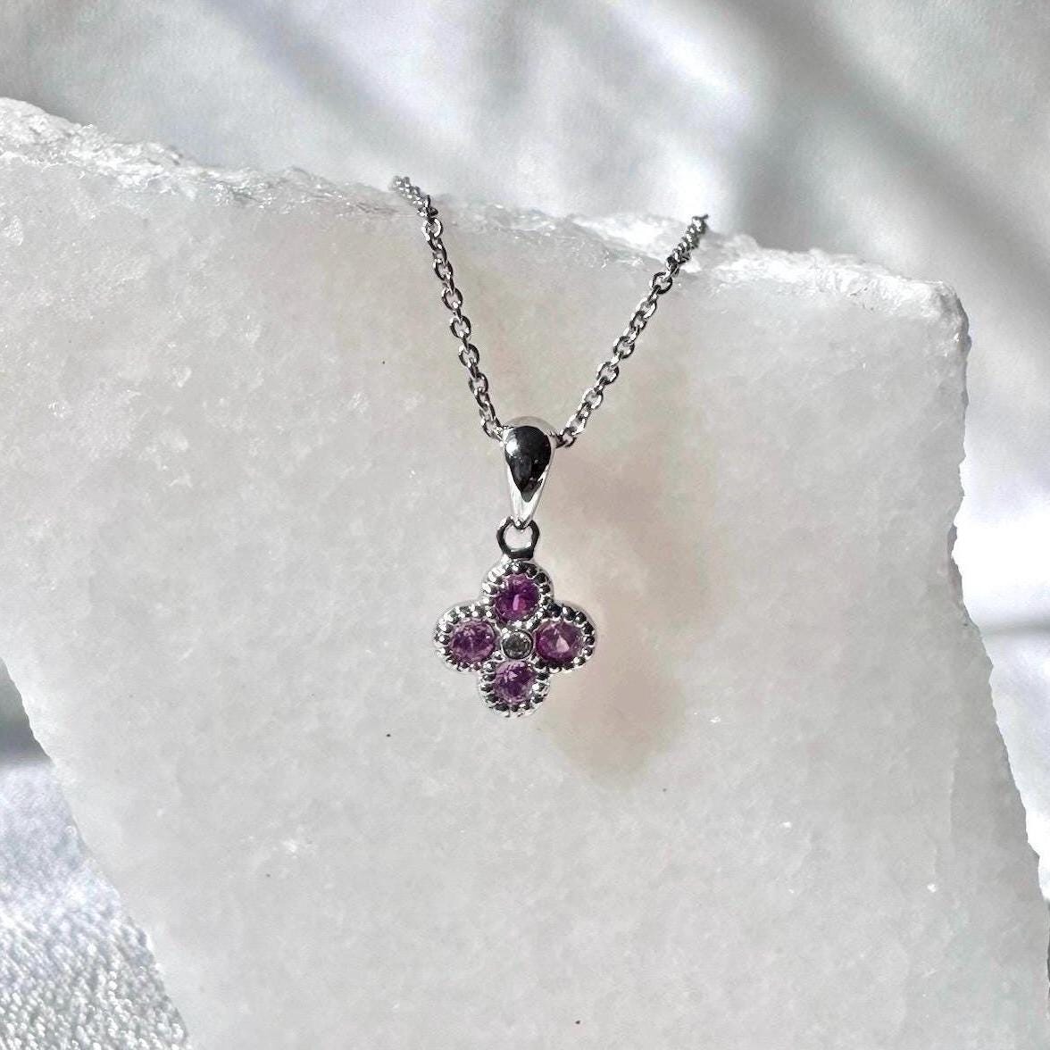 14k Solid Gold Pink Sapphire Diamond Clover Pendant, Mini, September Birthstone Jewelry