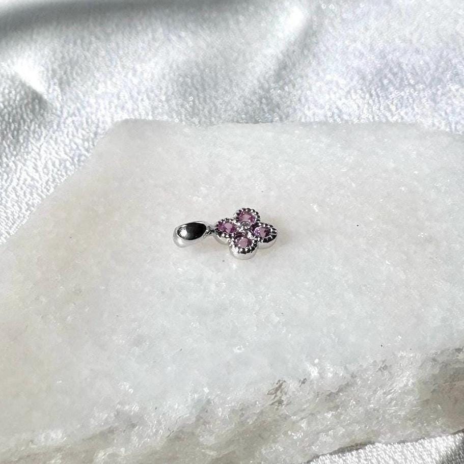 14k Solid Gold Pink Sapphire Diamond Clover Pendant, Mini, September Birthstone Jewelry